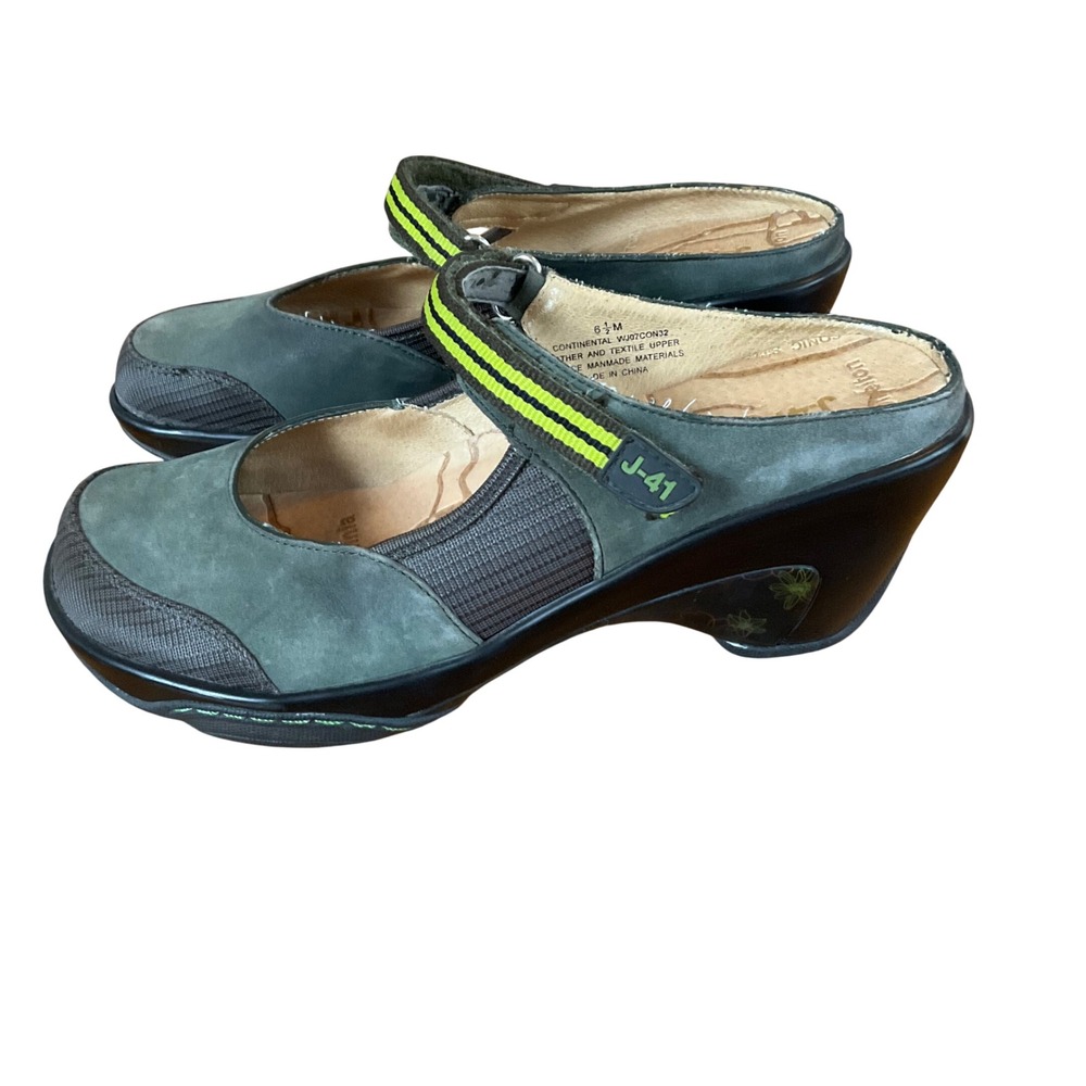 J-41 Continental Mary Jane Mules Women 6.5 Green Suede Leather Wedge Clogs